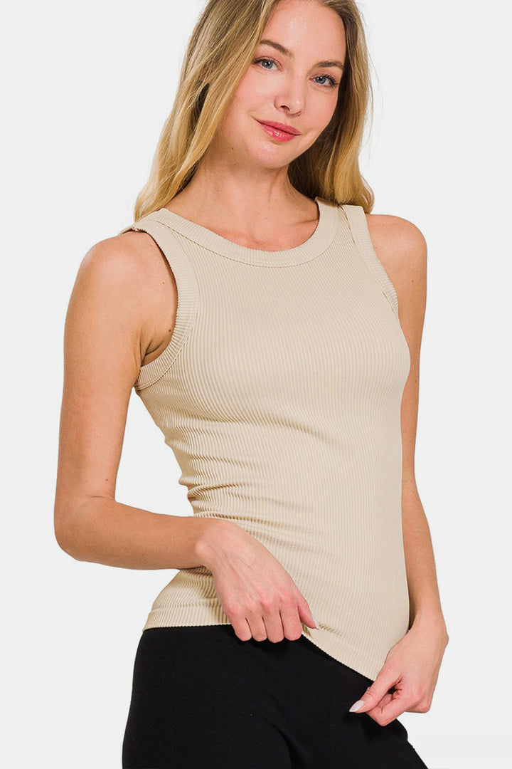 Sand Beige Two Way Neckline Washed Ribbed Tank