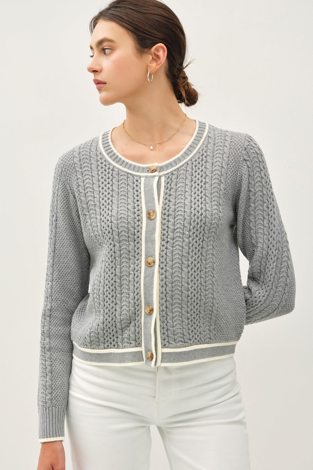 Gray Cable Knit Long Sleeve Contrast Edge Cardigan