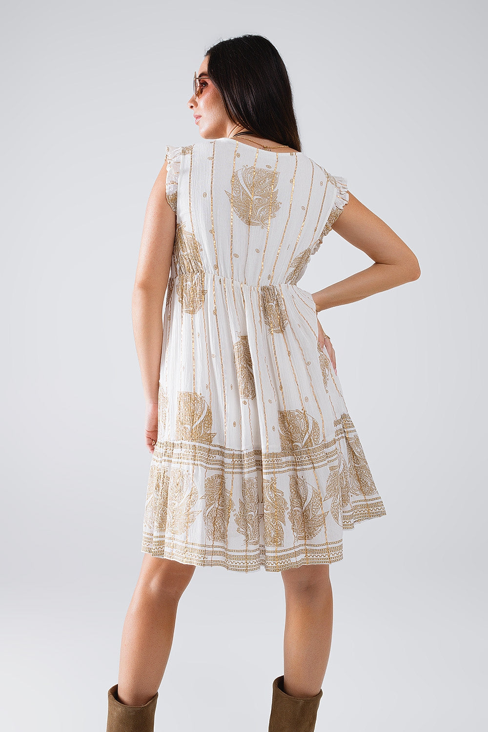 Short Babydoll Dress with Leaf Print and Lurex Thread in  White