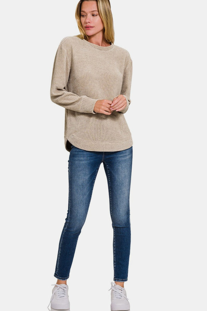 Ash Mocha Chenille Waffle Round Neck Sweater