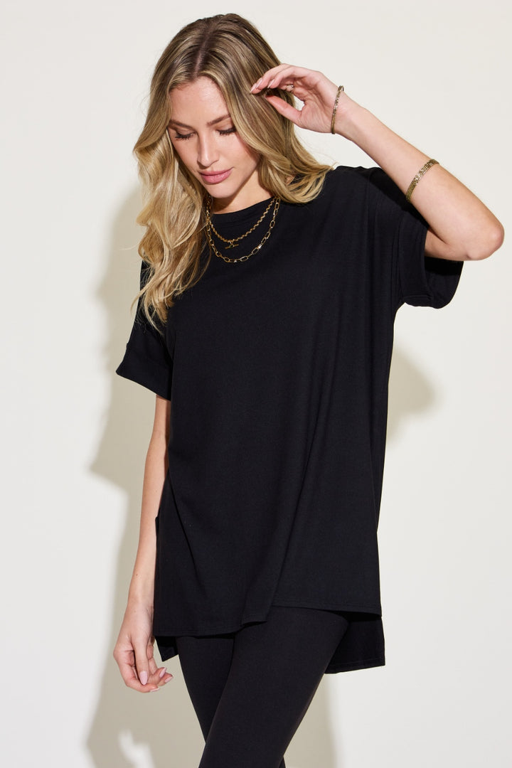 Black Short Sleeve Slit T-Shirt and Leggings Lounge Set