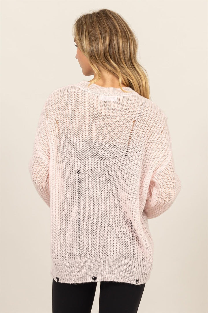 Pale Pink Distressed Long Sleeve Knit Top