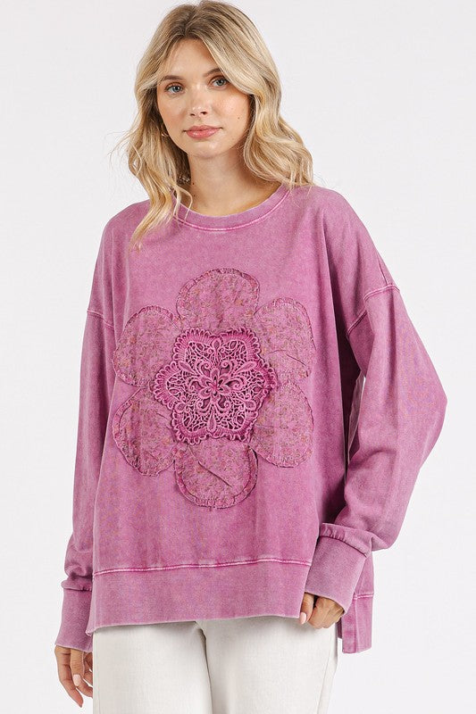 Dusty Pink Mineral Wash Flower Patch Side Slit Sweatshirt