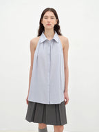 Stand-Up Collar Sleeveless Striped Shirt 'Poland Island' Pure Cotton