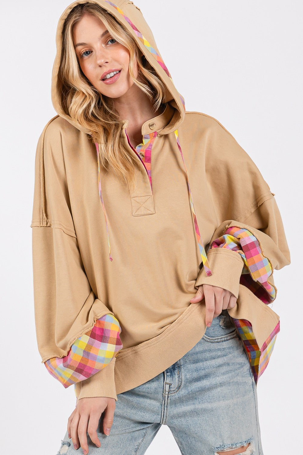 Beige Plaid Print Washed Hoodie