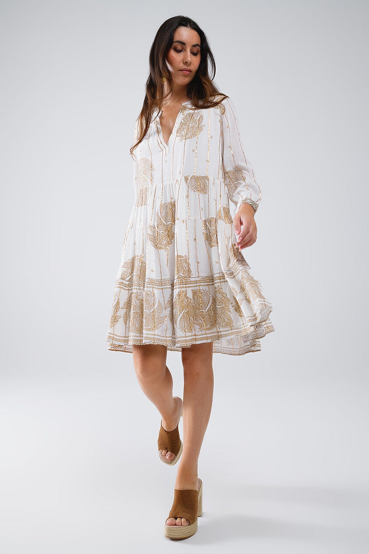 Boho Long Sleeve Dress with Leaf Print and Lurex Details in White