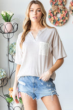 Oatmeal Full Size Lace Front Pocket Drop Shoulder Top