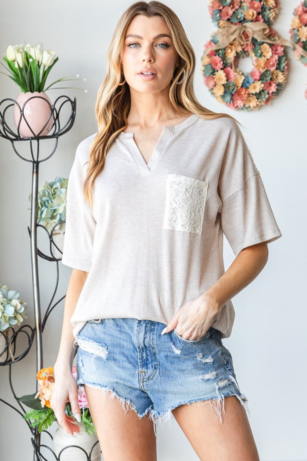 Oatmeal Full Size Lace Front Pocket Drop Shoulder Top