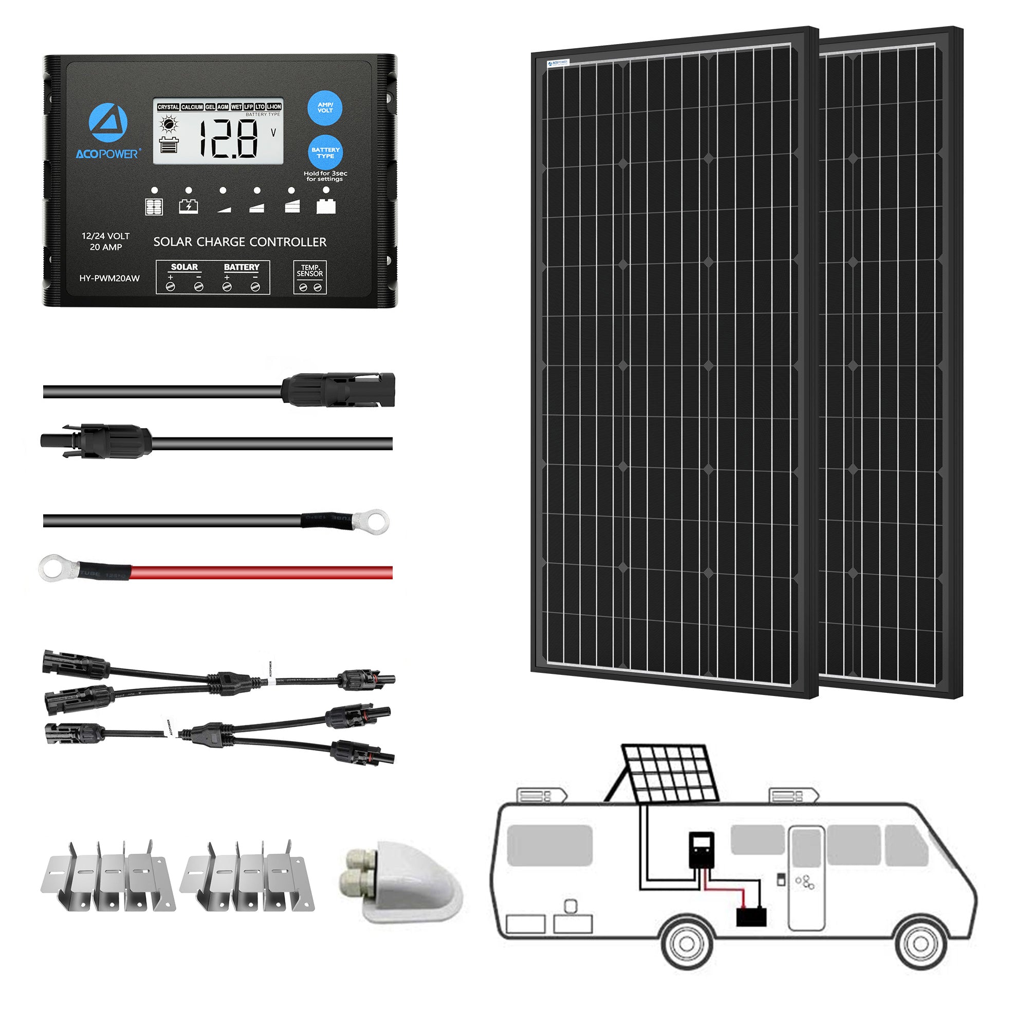 12V/24V 200W  Mono Solar RV Kits 20A PWM Charge Controller (2x100w 20A)