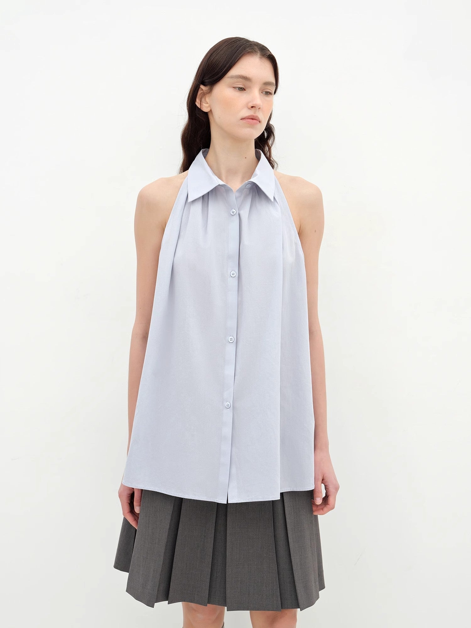Stand-Up Collar Sleeveless Striped Shirt 'Poland Island' Pure Cotton