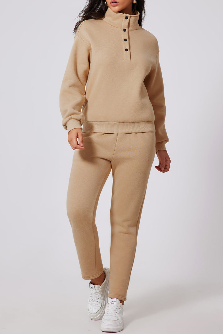 Half Snap Turtleneck Top and Pants Active Set Taupe