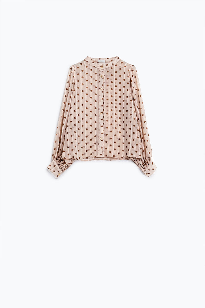Blouse with Balloon Sleeves and Polka Dots in Beige