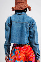 Cropped Denim Jacket with Raw Hem in Mid Wash