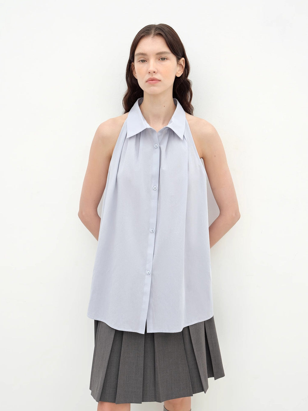 Stand-Up Collar Sleeveless Striped Shirt 'Poland Island' Pure Cotton