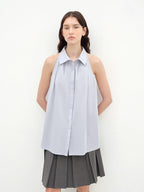 Stand-Up Collar Sleeveless Striped Shirt 'Poland Island' Pure Cotton