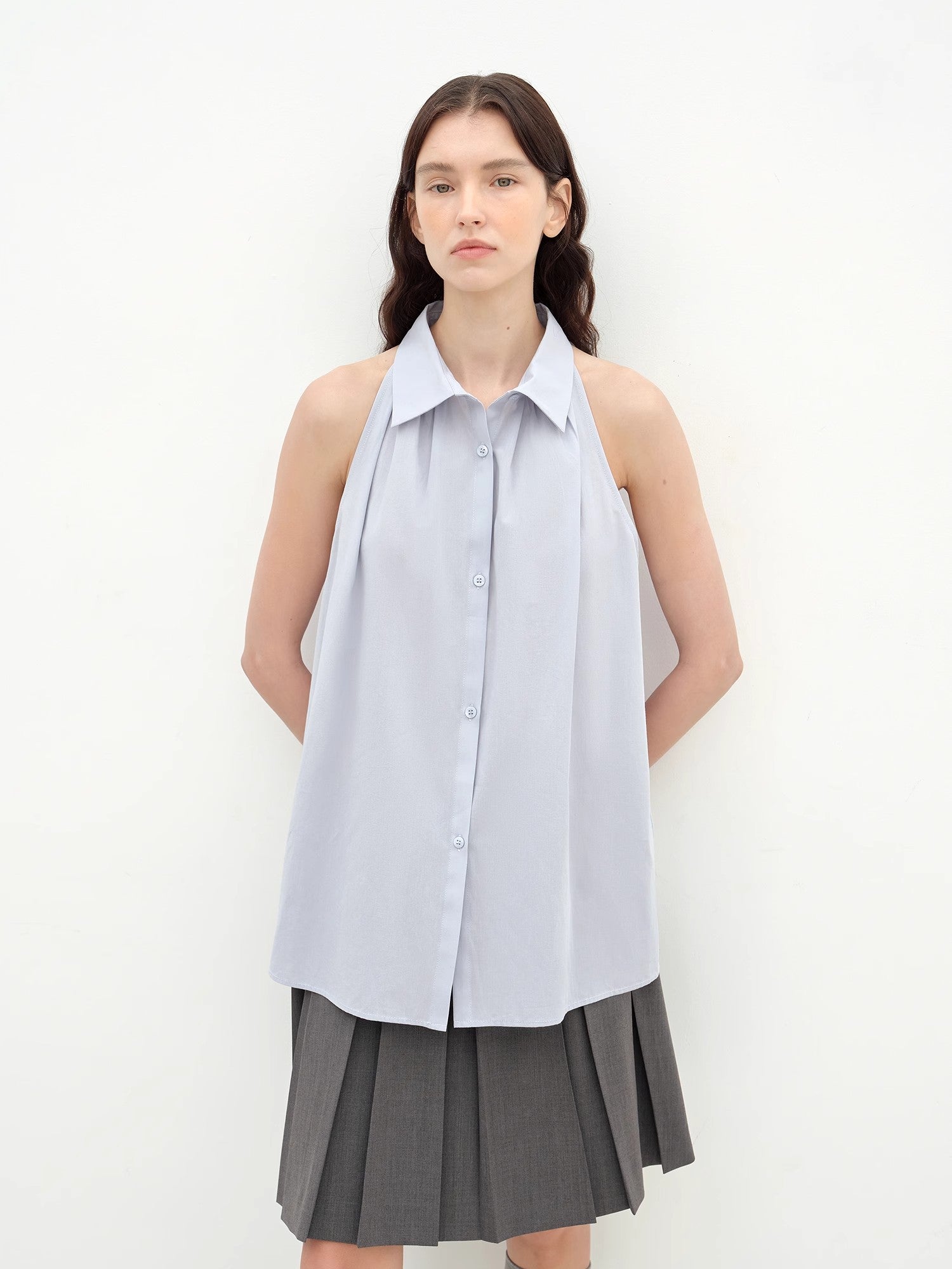 Stand-Up Collar Sleeveless Striped Shirt 'Poland Island' Pure Cotton