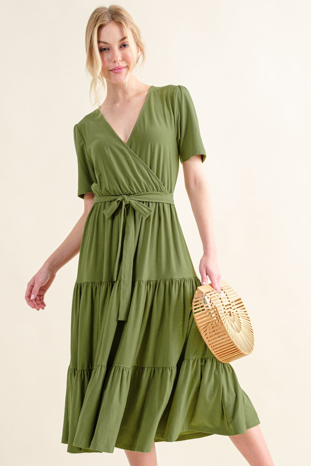 Dark Green Soft Short Sleeve Tiered Midi Dress
