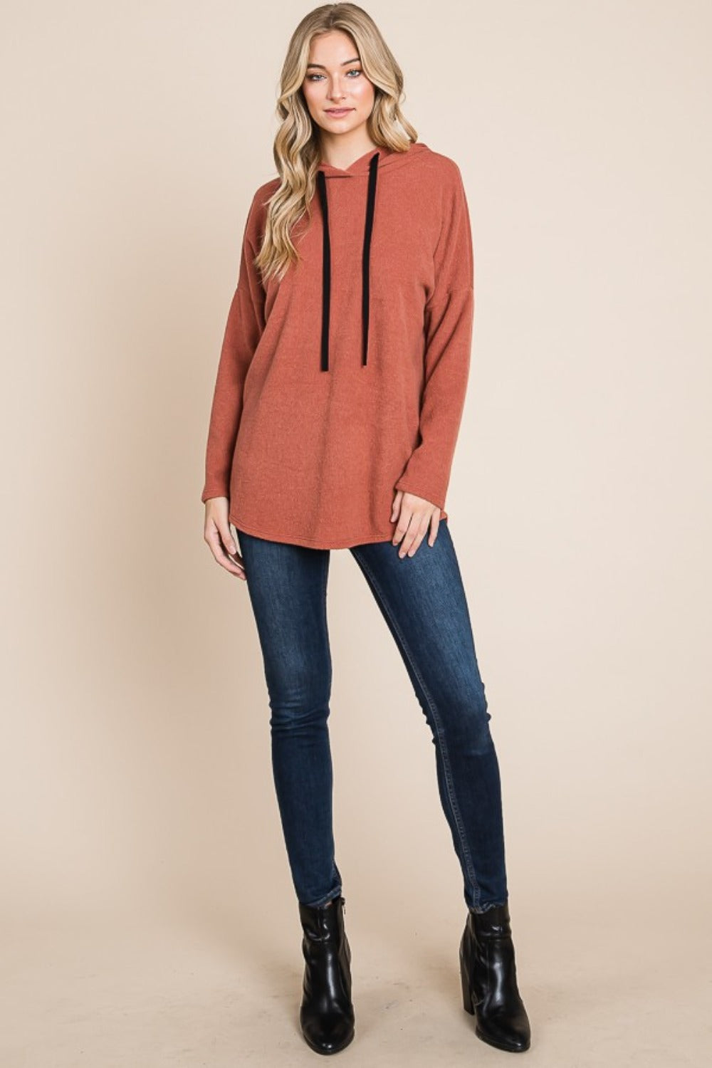 Brick Contrast Drawstring Drop Shoulder Knit Hoodie