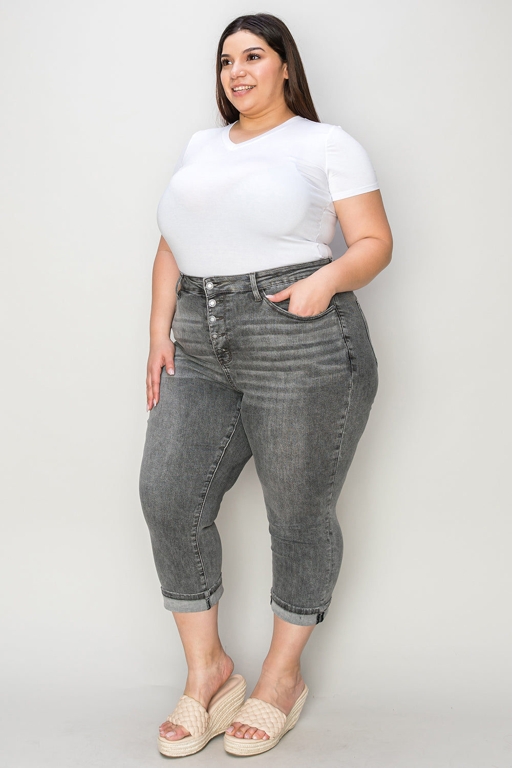 Gray Full Size Button Fly High Waist Cuffed Capris