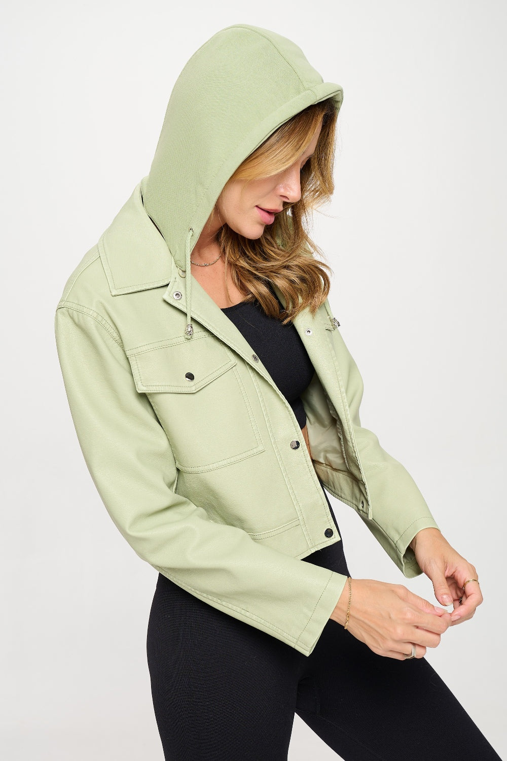 Snap Down Cropped Hooded Jacket Mint