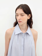 Stand-Up Collar Sleeveless Striped Shirt 'Poland Island' Pure Cotton