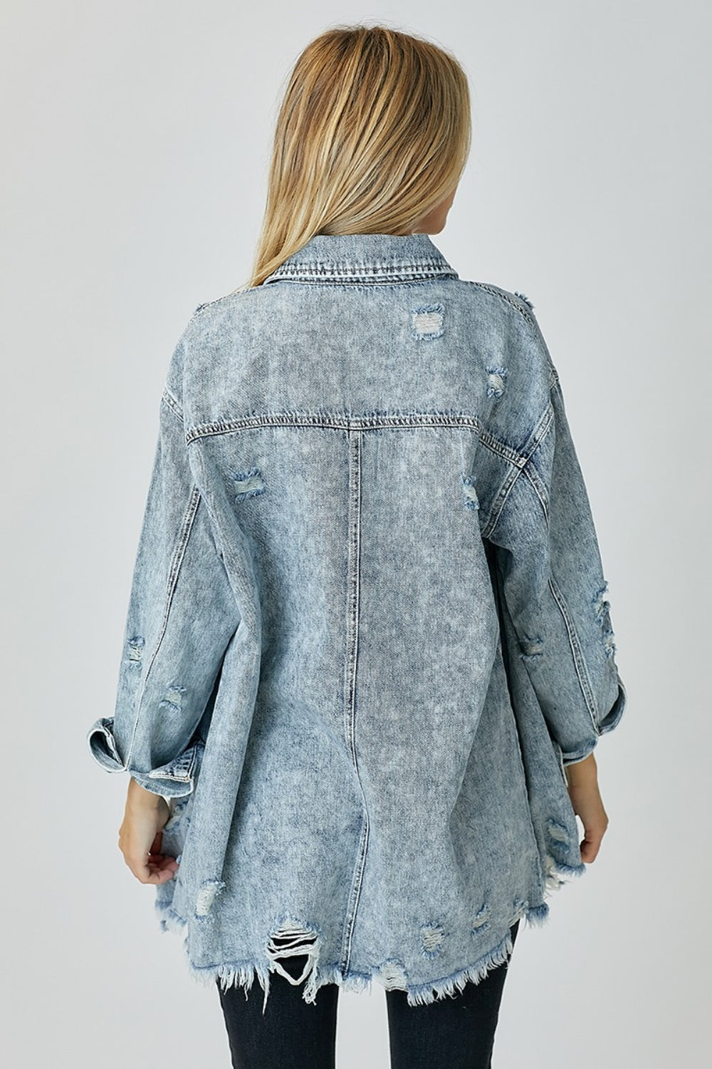 Acid Light Distressed Raw Hem Denim Shirt
