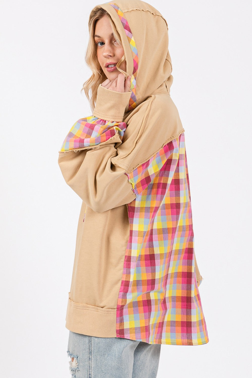 Beige Plaid Print Washed Hoodie