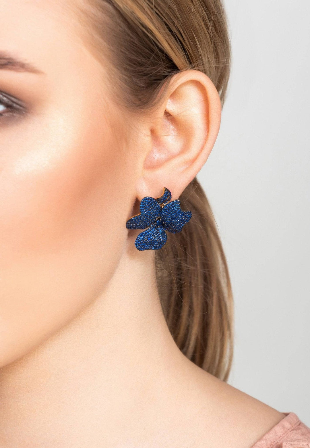 Flower Large Stud Earrings Gold Sapphire Blue