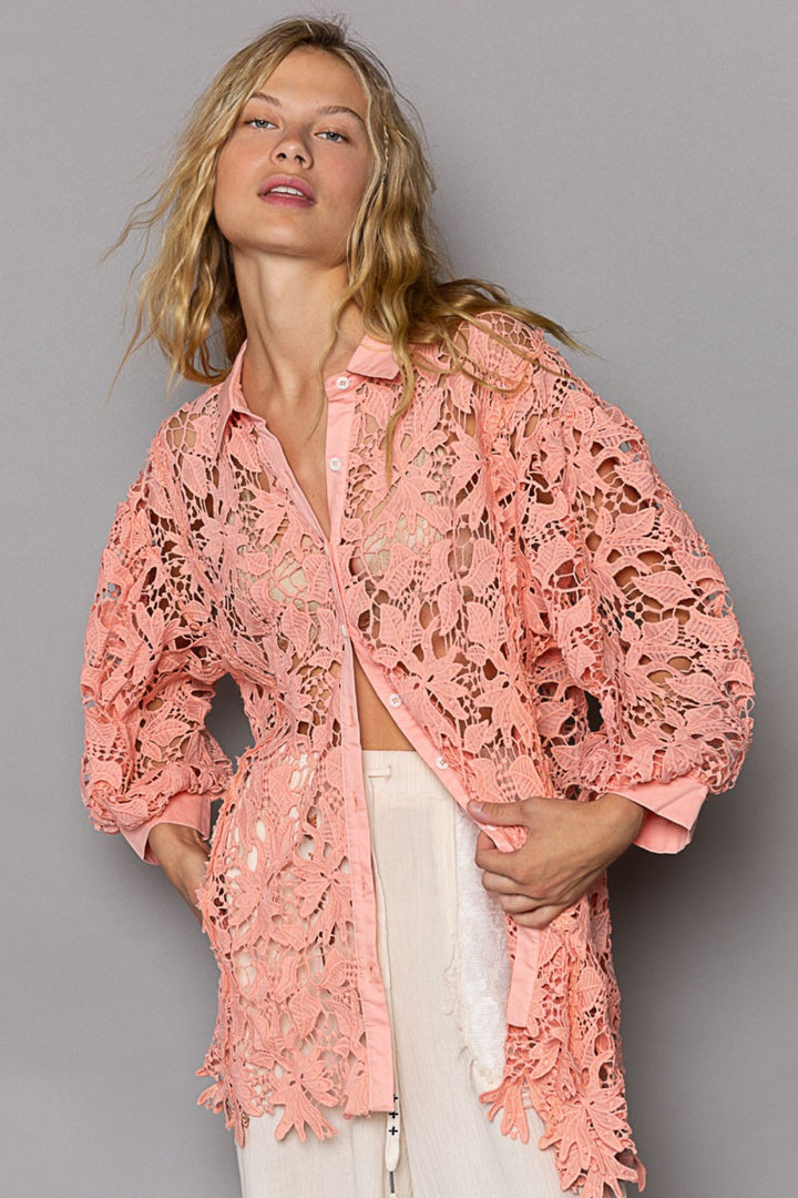 Coral Peach Collared Neck Button Up Lace Shirt