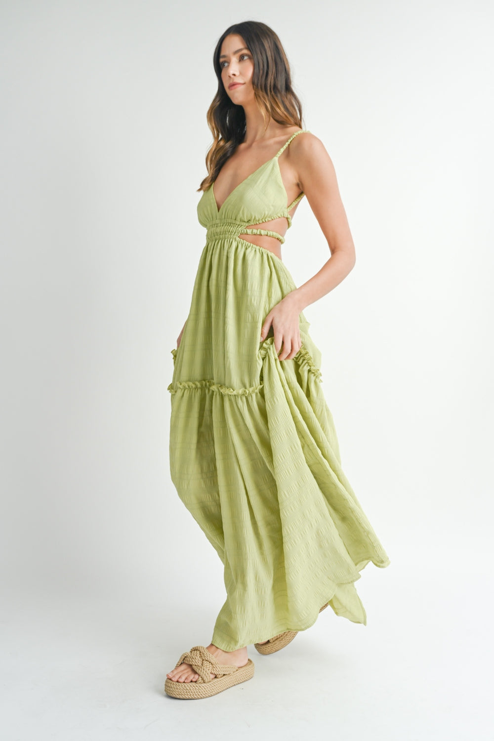 Sage Cutout Waist Backless Maxi Dress