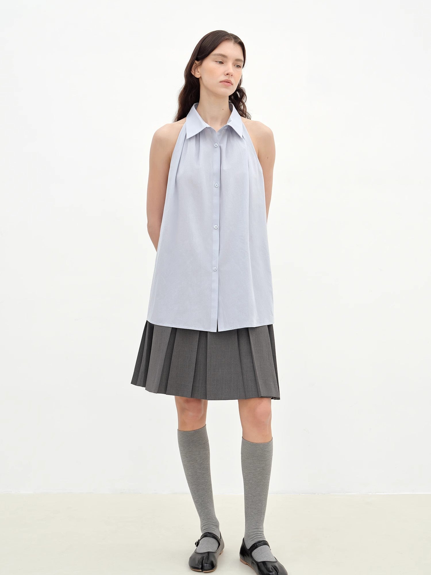 Stand-Up Collar Sleeveless Striped Shirt 'Poland Island' Pure Cotton