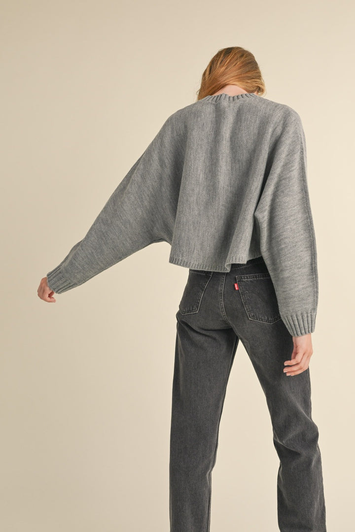 Grey Round Neck Dolman Sleeve Cropped Sweater