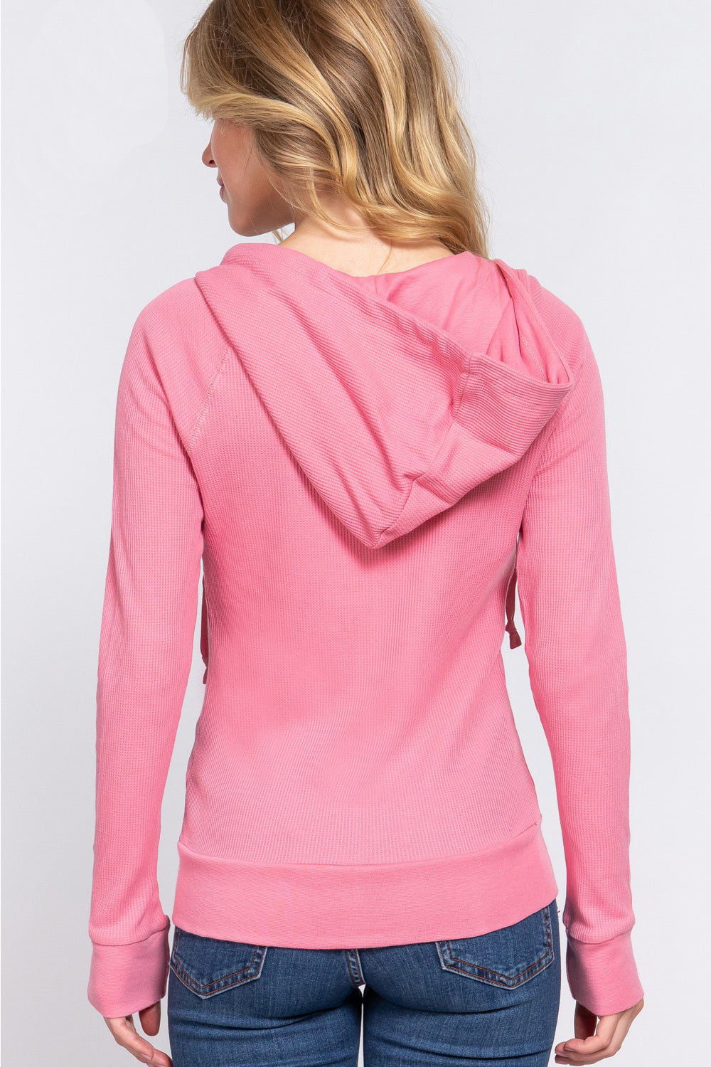Pink Waffle Knit Drawstring Zip Up Long Sleeve Hoodie