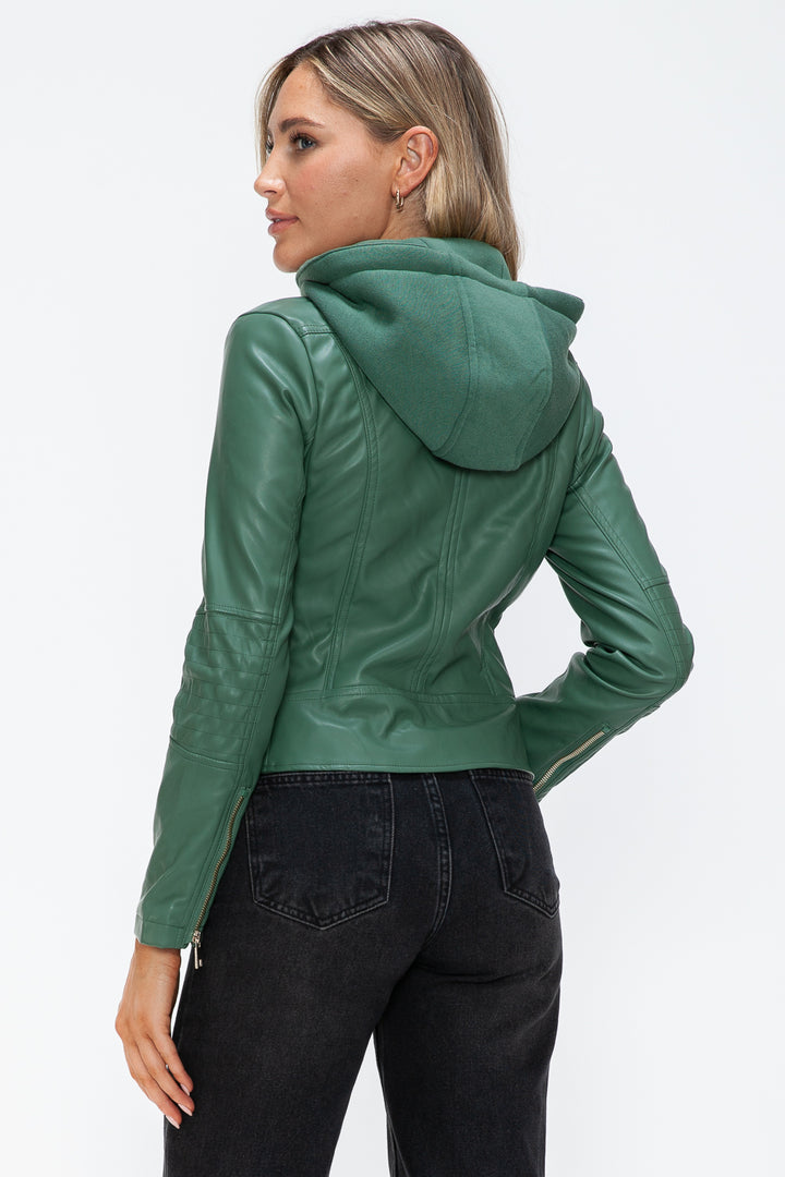 Sage Faux Leather Zip Up Drawstring Hooded Jacket