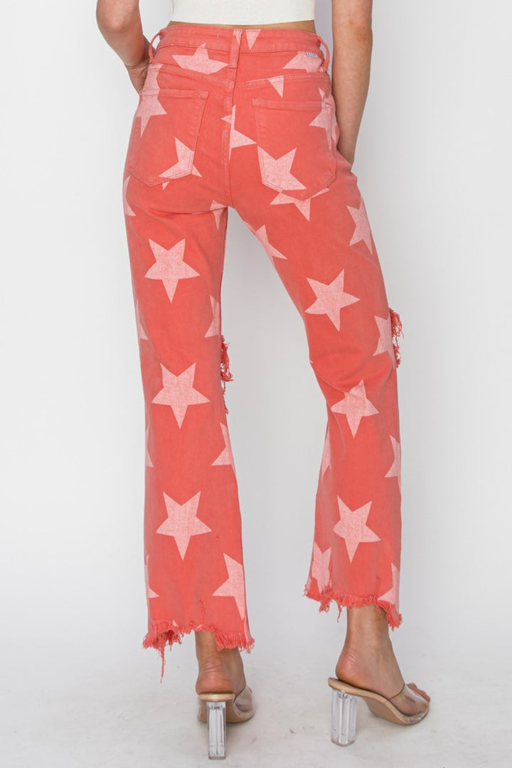 Peach Blossom Distressed Raw Hem Star Pattern Jeans