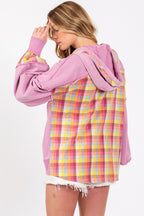 Lilac Plaid Print Washed Hoodie
