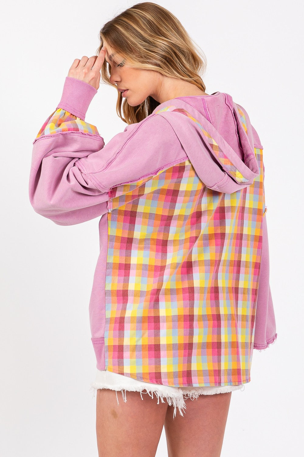 Lilac Plaid Print Washed Hoodie