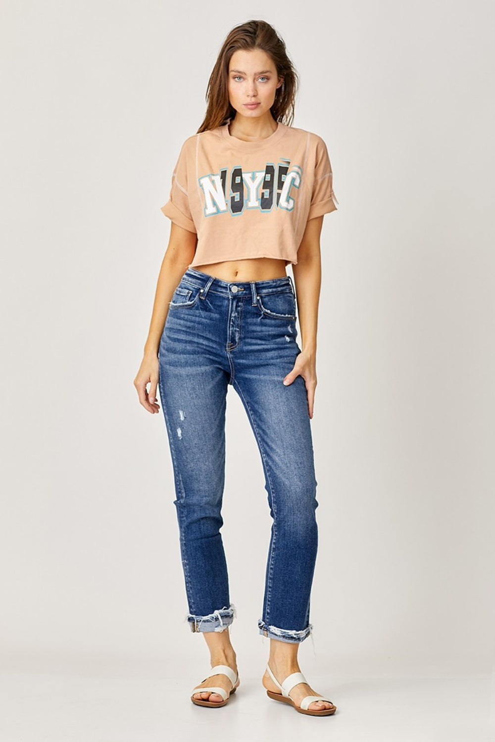 Full Size High-Rise Frayed Cuffed Straight Jeans