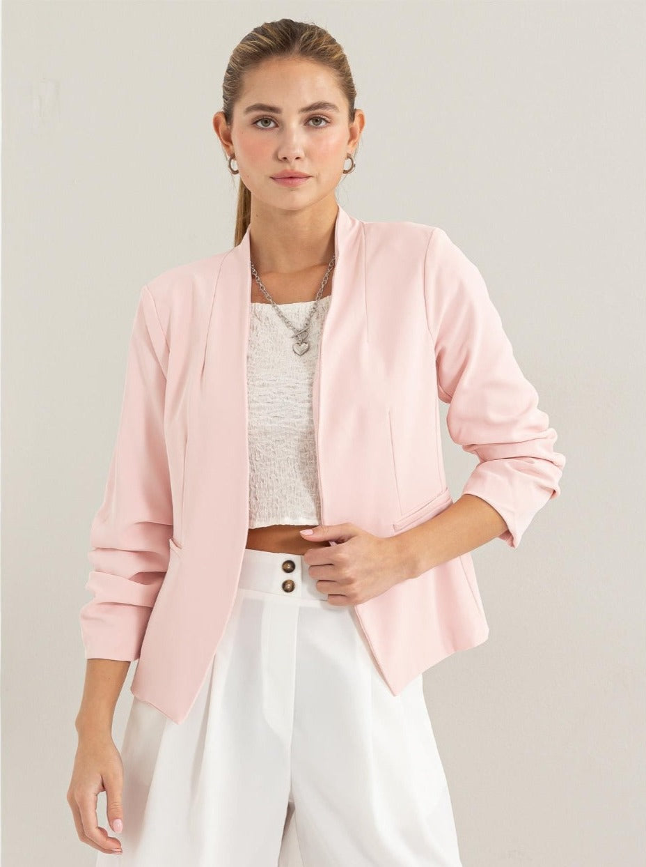 Blush Open Front Ruched Sleeve Blazer