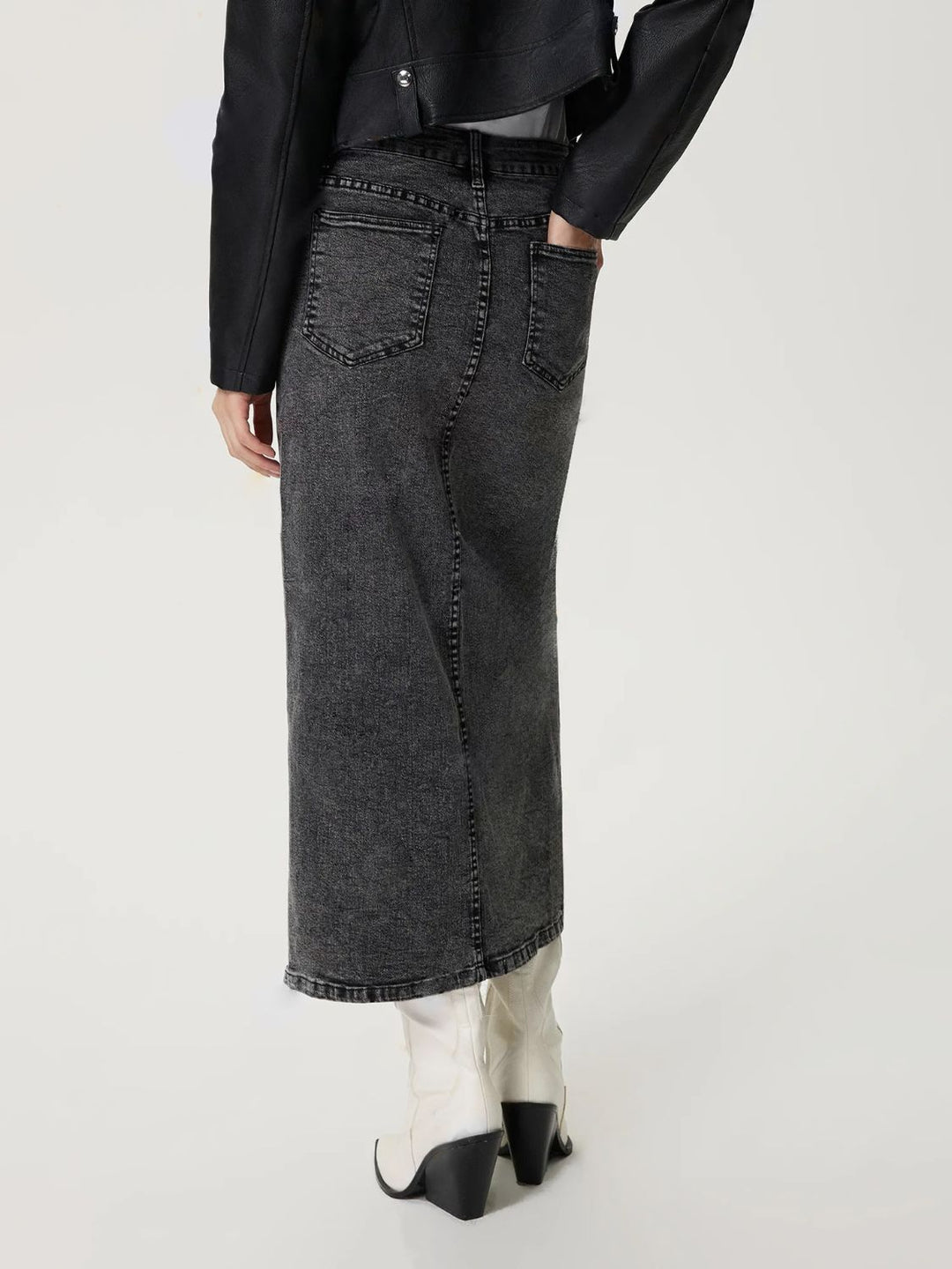 Black Slit Midi Denim Skirt with Pockets