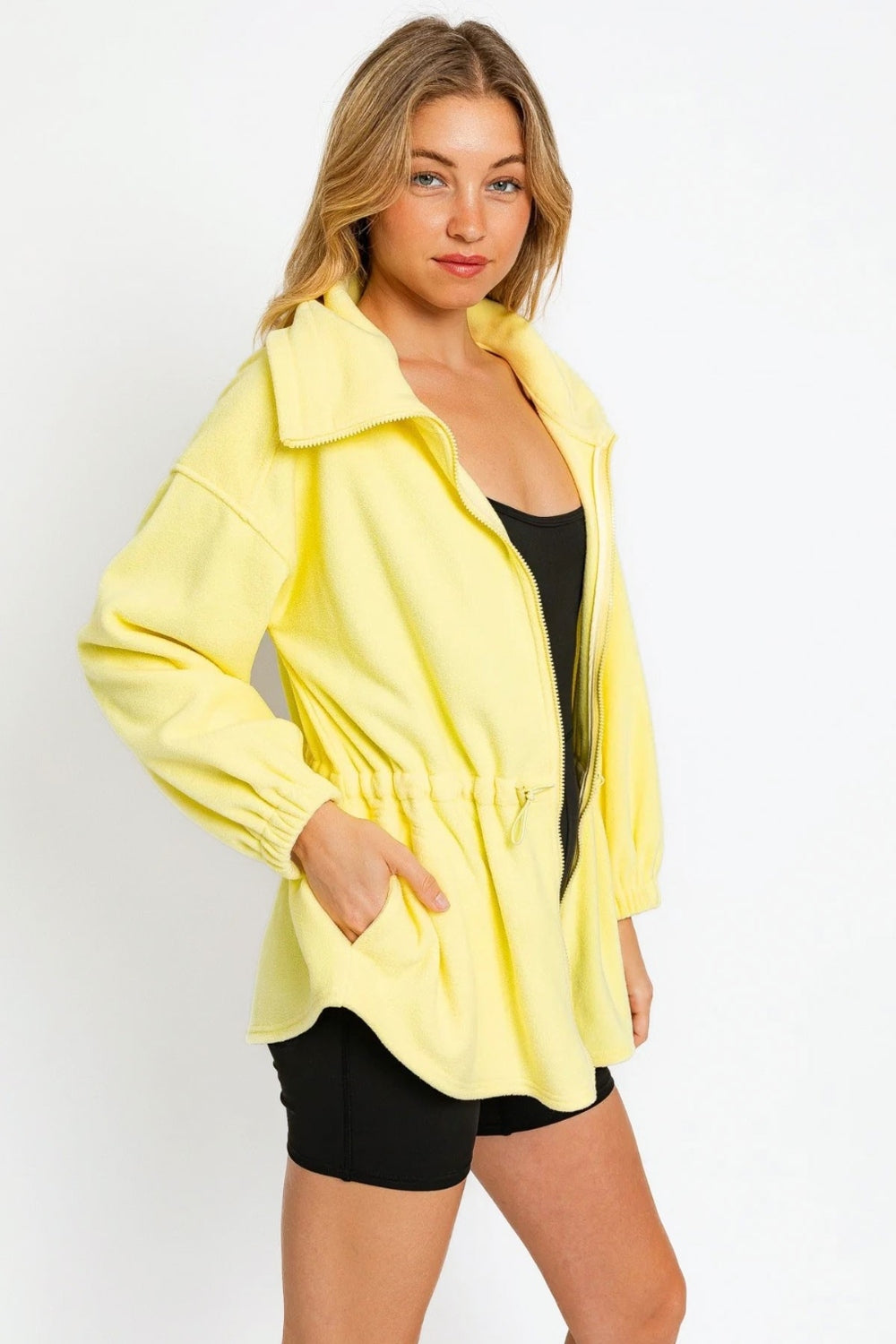 Citron Yellow Zip Up Waist Drawstring Soft Fleece Jacket