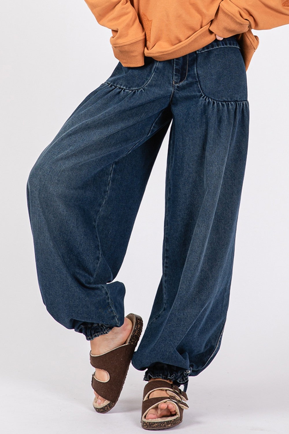 Denim Blue Mid-Rise Cargo Jeans with Pockets