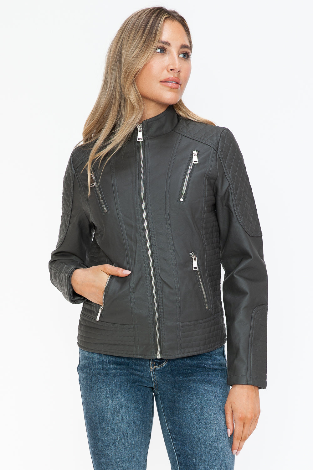 Charcoal Faux Leather Zip Up Mock Neck Jacket