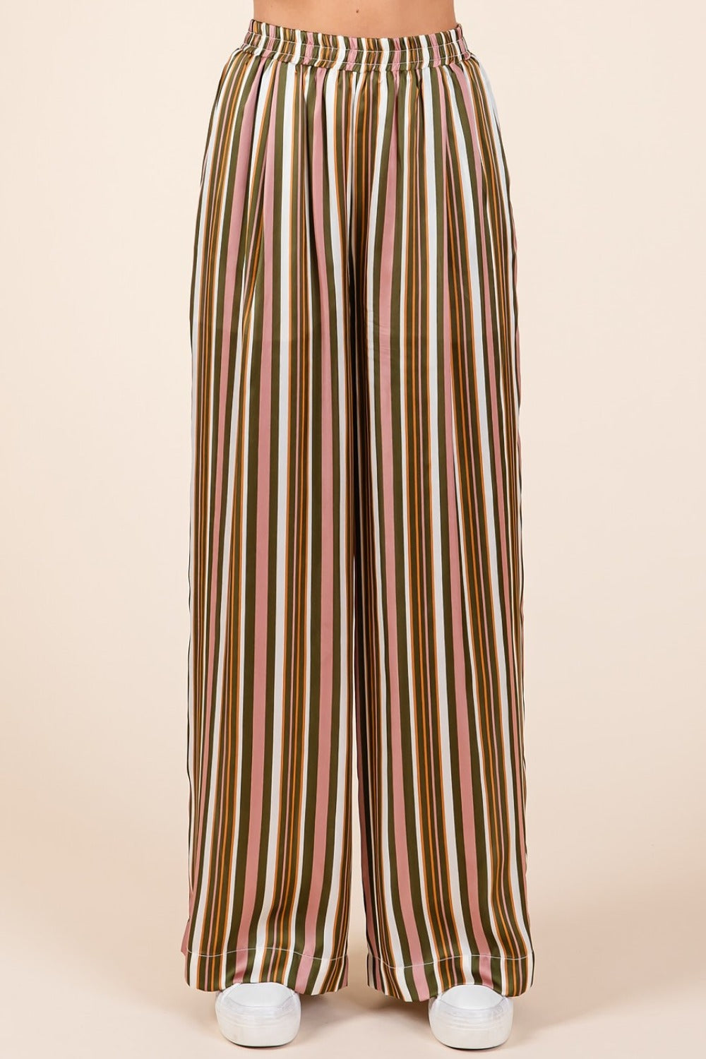 Striped Satin Elastic Waist Wide Leg Pants