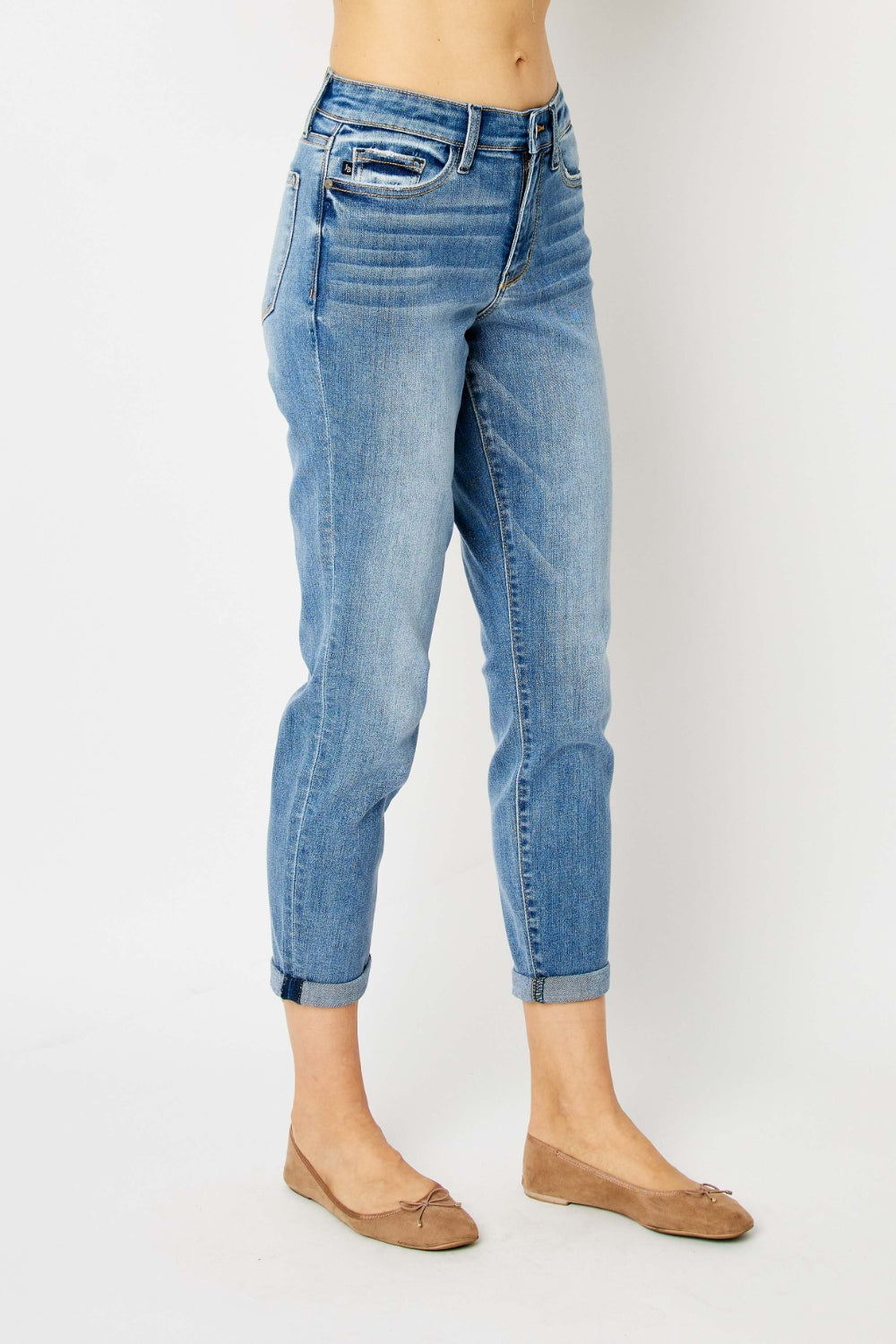 Mid Wash Full Size Cuffed Hem Slim Jeans