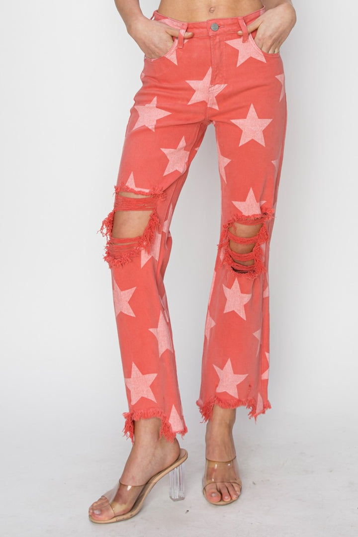 Peach Blossom Distressed Raw Hem Star Pattern Jeans