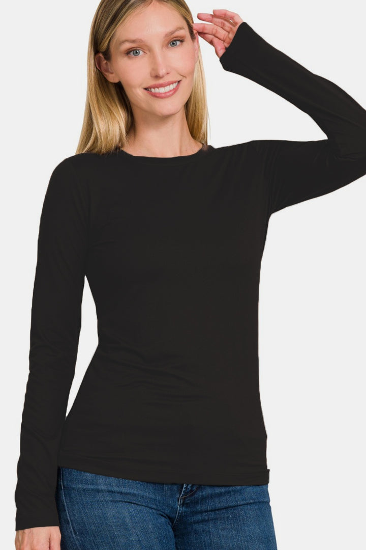 Brushed Microfiber Long Sleeve Round Neck T-Shirt