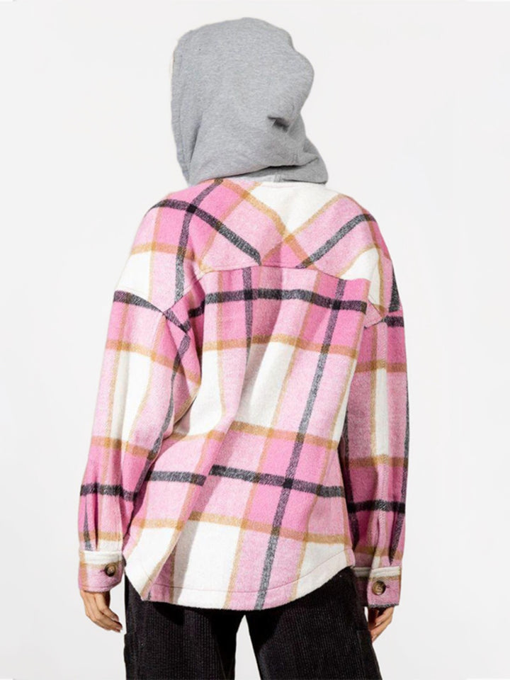 Drawstring Plaid Button Up Long Sleeve Hooded Shacket