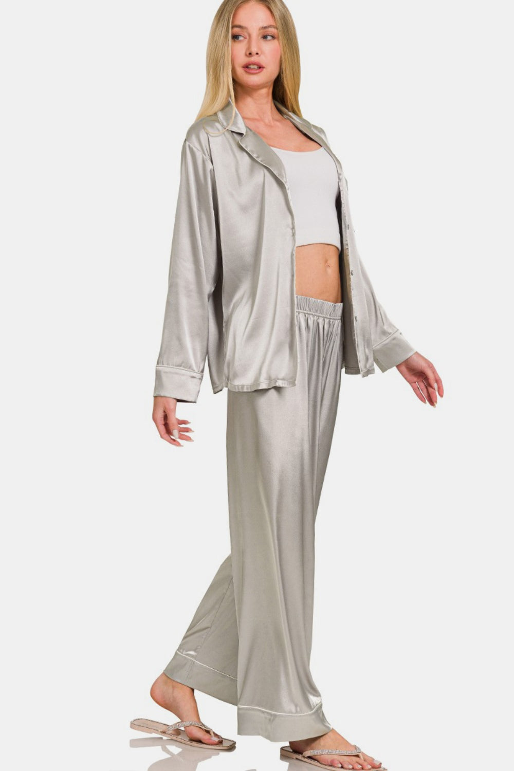 Silver Grey Satin Long Sleeve Shirt and Pants Pajama Set