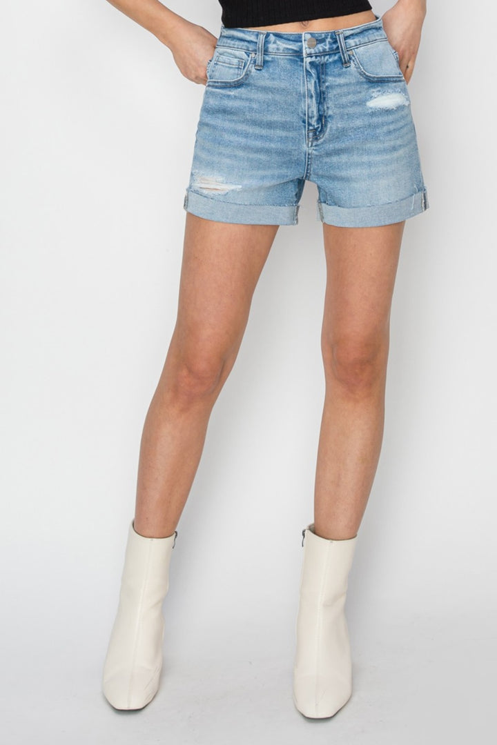 Distressed Mid-Rise Waist Denim Shorts